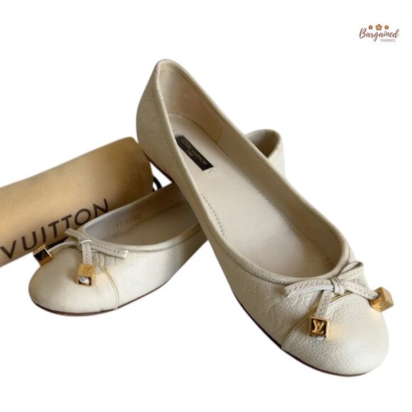 Authentic Louis Vuitton Cream/Beige Leather Monogram Ballet Flats 37/7 - Picture 1 of 13
